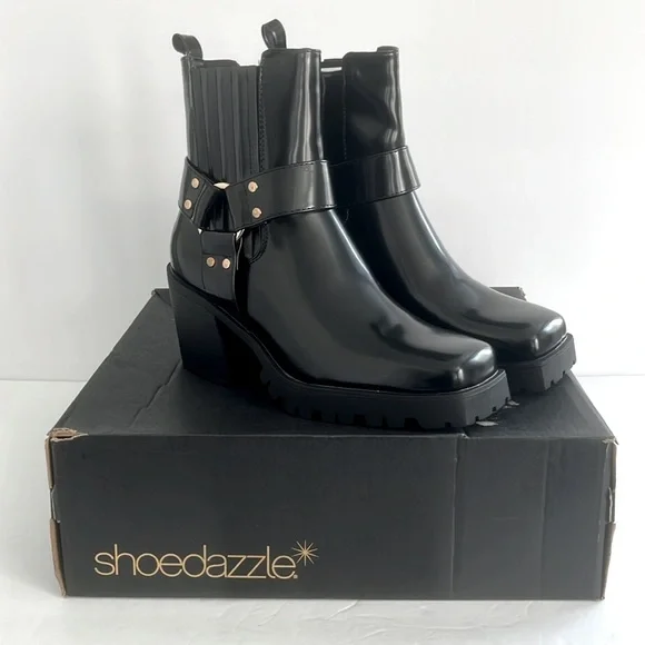 SHOE DAZZLE Black Ankle Boots Buckle Detail Lug Sole Moto Combat Shoes Size 9.5 - Picture 13 of 13